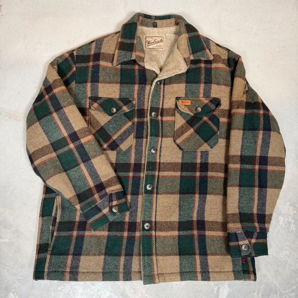 Woolrich Mens Vintage Plaid Sherpa Lined Flannel Shirt Jacket Brown Green Medium